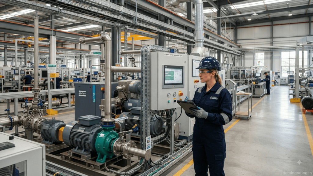 Engineer inspecting energy-efficient motors and electrical equipment in a modern industrial facility.