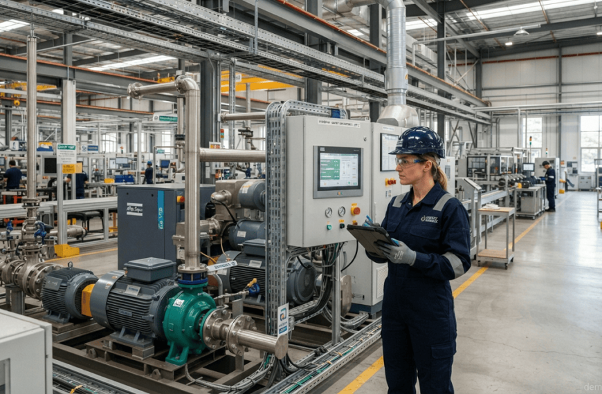Engineer inspecting energy-efficient motors and electrical equipment in a modern industrial facility.