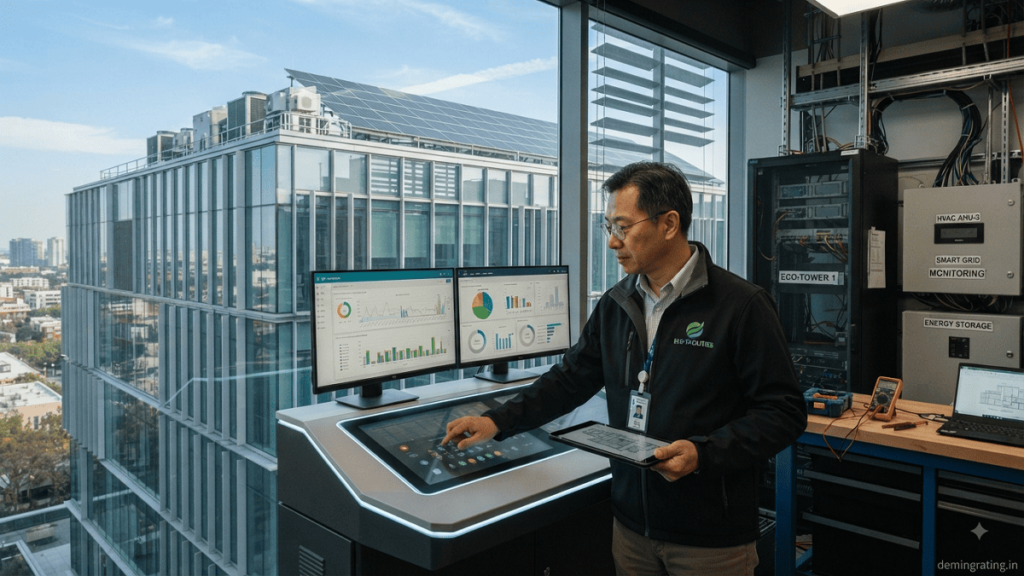 Modern green building with solar panels, energy-efficient glazing, and smart energy systems.