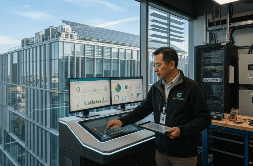 Modern green building with solar panels, energy-efficient glazing, and smart energy systems.