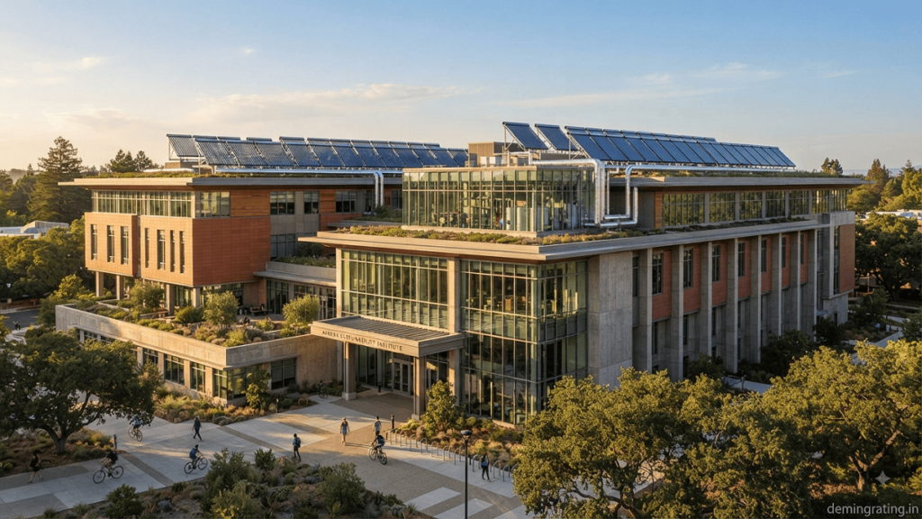Modern commercial building with rooftop solar water heating collectors and insulated thermal piping.