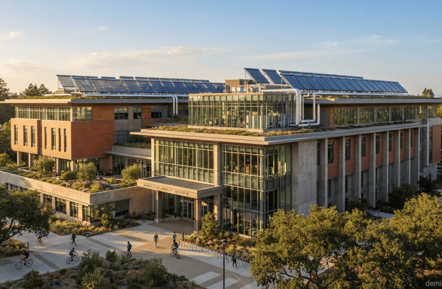 Modern commercial building with rooftop solar water heating collectors and insulated thermal piping.