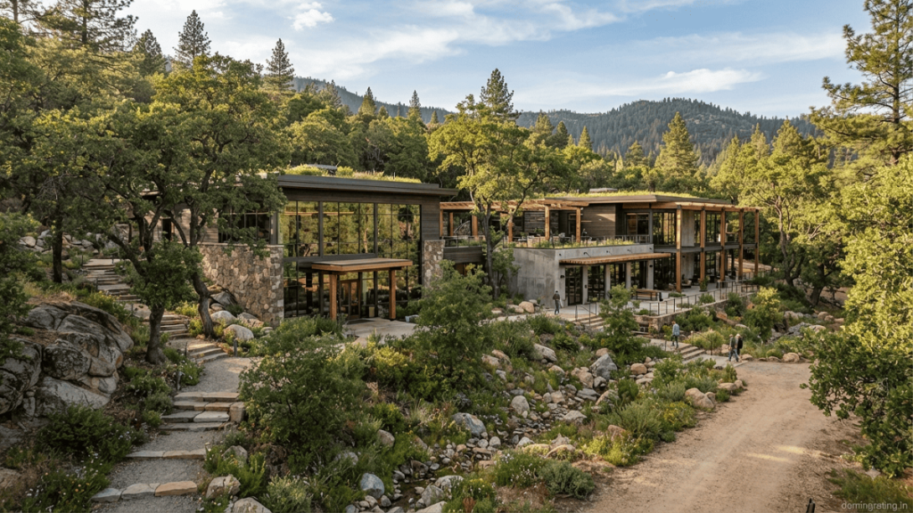 Photorealistic sustainable commercial building integrated with natural slopes, native vegetation, mature trees, and exposed rock formations.
