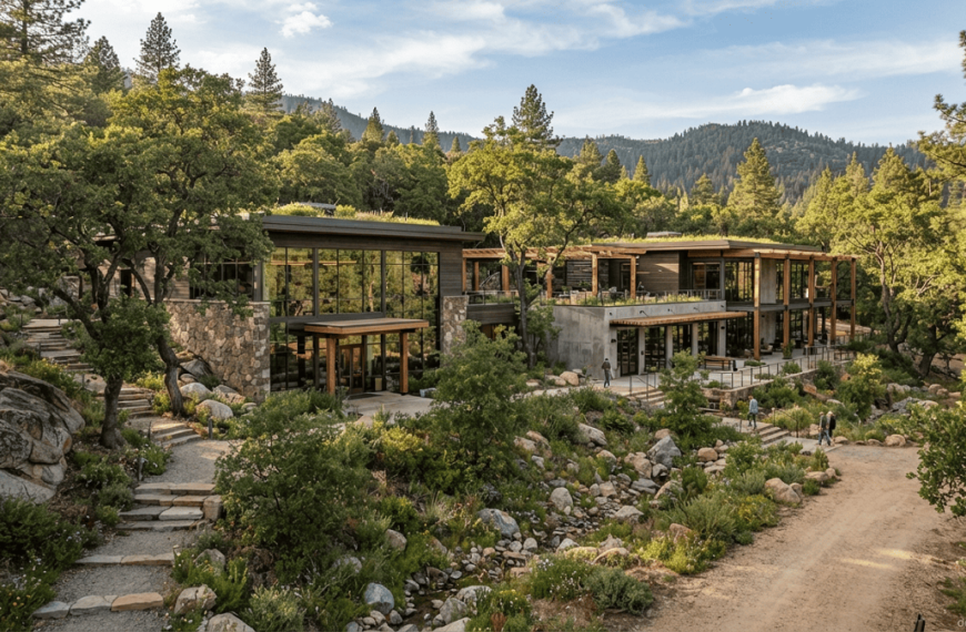 Photorealistic sustainable commercial building integrated with natural slopes, native vegetation, mature trees, and exposed rock formations.