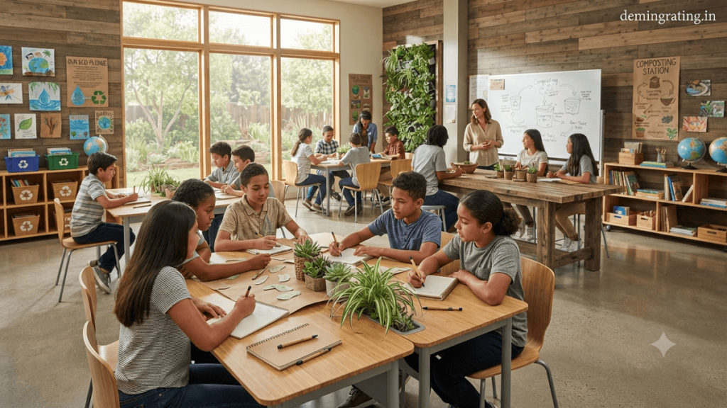 Students learning in a sustainable classroom with eco-friendly school materials, bamboo furniture, recycled supplies, and green educational design elements.