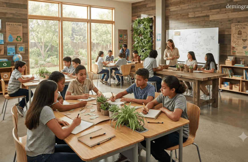 Students learning in a sustainable classroom with eco-friendly school materials, bamboo furniture, recycled supplies, and green educational design elements.