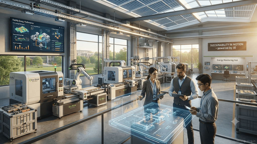 Modern smart factory using energy-efficient machinery, AI-based energy monitoring systems, IoT sensors, and renewable energy solutions.