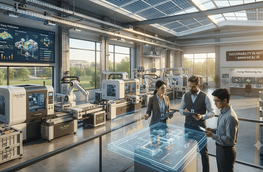 Modern smart factory using energy-efficient machinery, AI-based energy monitoring systems, IoT sensors, and renewable energy solutions.