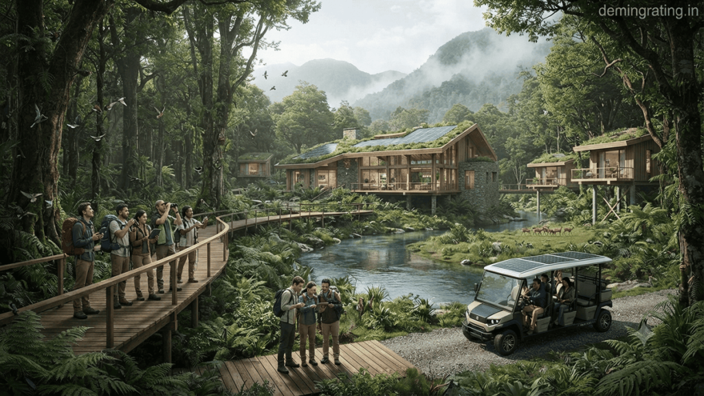 A futuristic eco-friendly resort surrounded by forests with solar panels, electric vehicles, and travelers exploring nature through sustainable tourism practices.