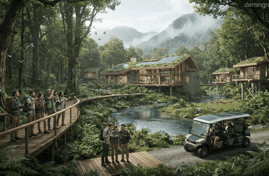 A futuristic eco-friendly resort surrounded by forests with solar panels, electric vehicles, and travelers exploring nature through sustainable tourism practices.