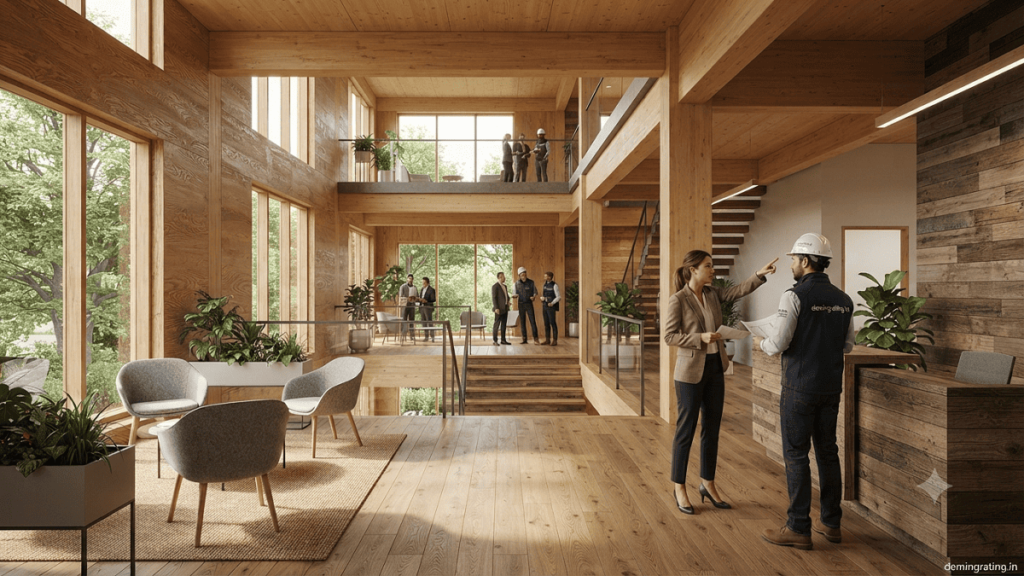 Modern eco-friendly building featuring exposed CLT, glulam beams, reclaimed wood, and sustainable timber materials surrounded by greenery.
