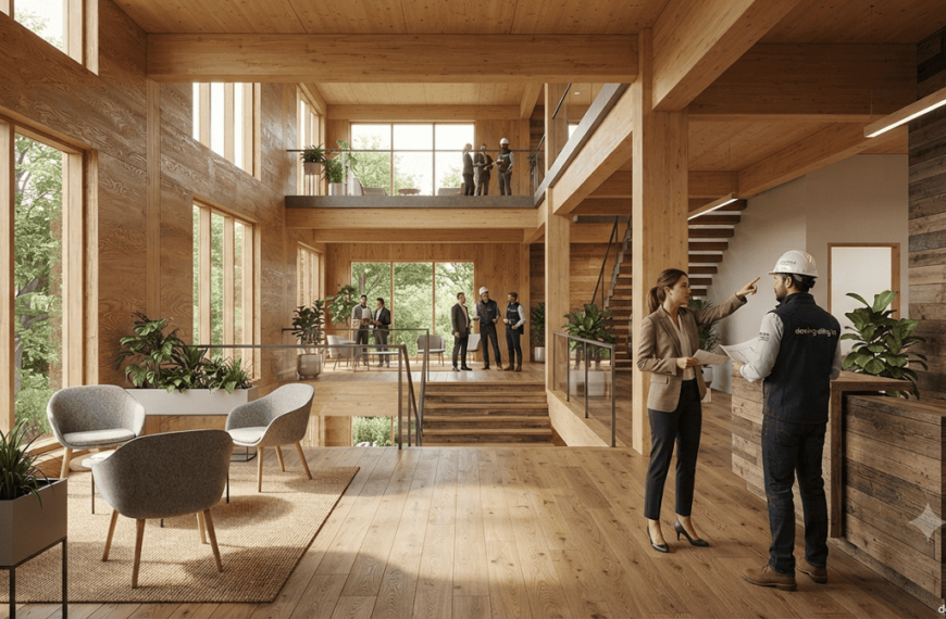 Modern eco-friendly building featuring exposed CLT, glulam beams, reclaimed wood, and sustainable timber materials surrounded by greenery.