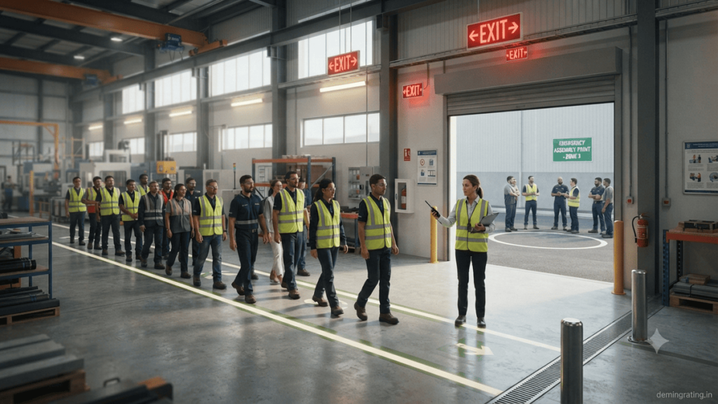 Employees safely evacuating a workplace during an emergency drill while following marked exit routes.