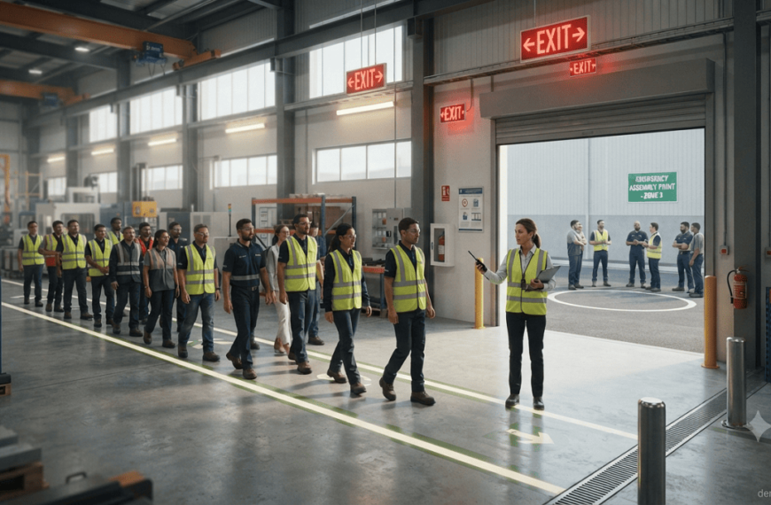 Employees safely evacuating a workplace during an emergency drill while following marked exit routes.