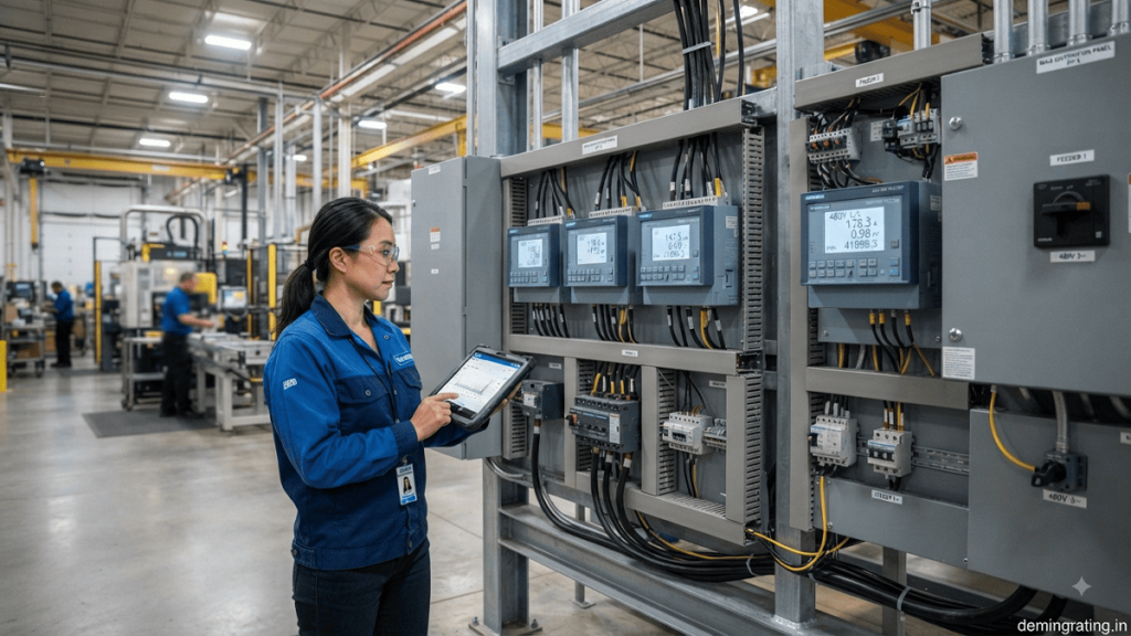 Industrial energy metering system with digital meters and electrical distribution equipment in a manufacturing facility.