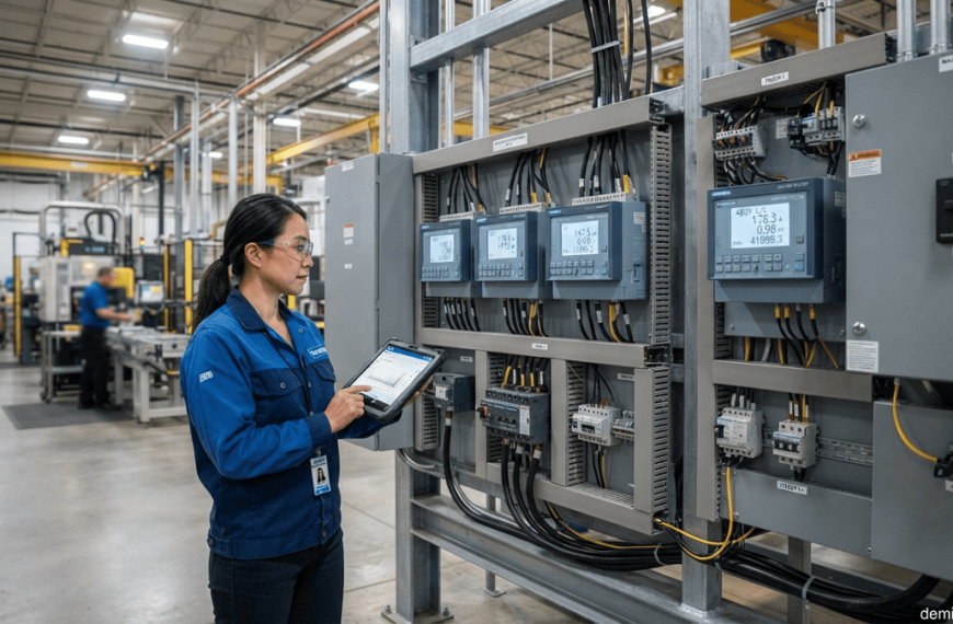 Industrial energy metering system with digital meters and electrical distribution equipment in a manufacturing facility.