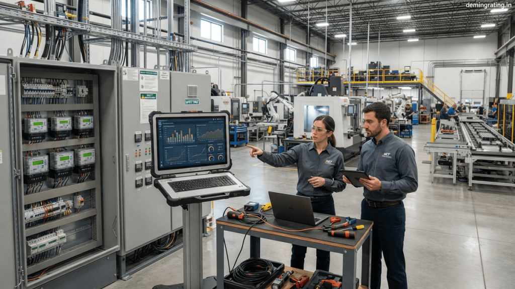 Industrial facility with smart energy meters, electrical panels, and engineers monitoring power consumption data for energy management.