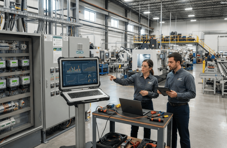 Industrial facility with smart energy meters, electrical panels, and engineers monitoring power consumption data for energy management.