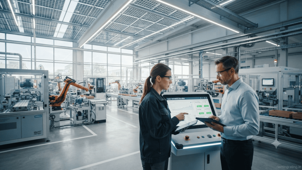 Modern industrial facility using mandatory energy efficiency systems with smart monitoring, efficient machinery, and renewable energy solutions.