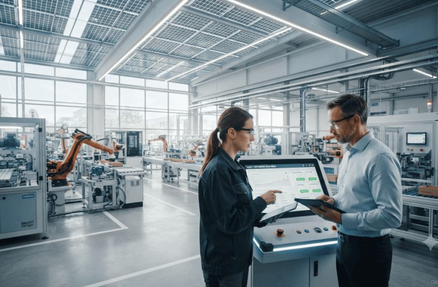 Modern industrial facility using mandatory energy efficiency systems with smart monitoring, efficient machinery, and renewable energy solutions.