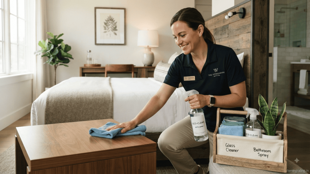 Hotel housekeeping employee using eco-friendly cleaning products and reusable cleaning tools in a modern room.