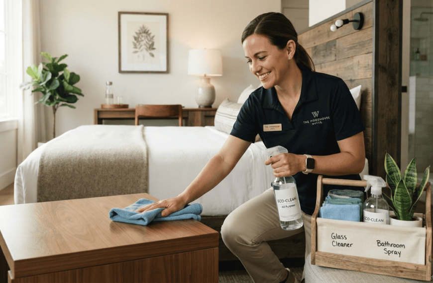 Hotel housekeeping employee using eco-friendly cleaning products and reusable cleaning tools in a modern room.