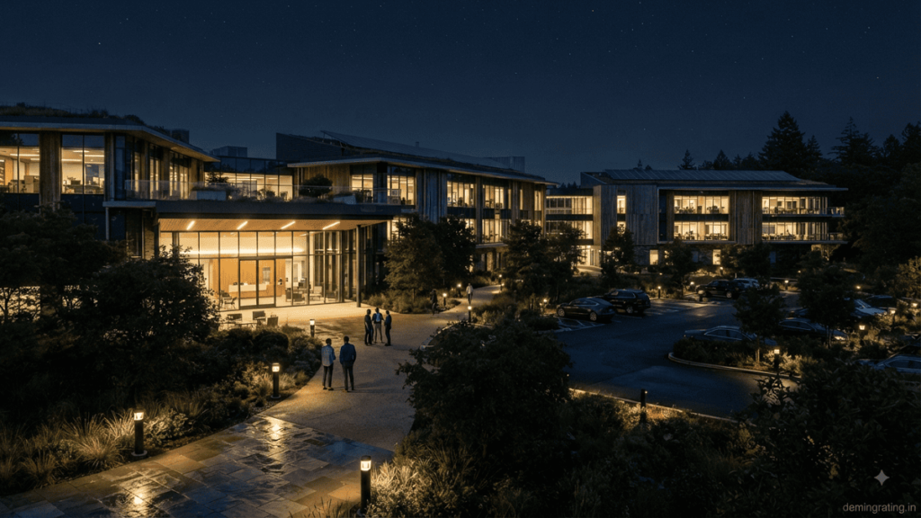 Sustainable buildings at night using shielded outdoor lighting to reduce glare, light spill, and night sky pollution.