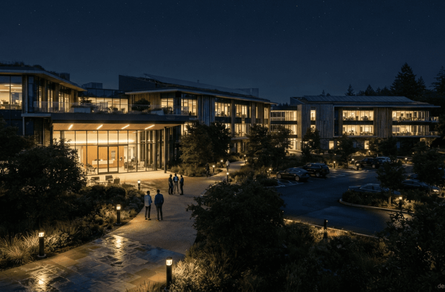 Sustainable buildings at night using shielded outdoor lighting to reduce glare, light spill, and night sky pollution.