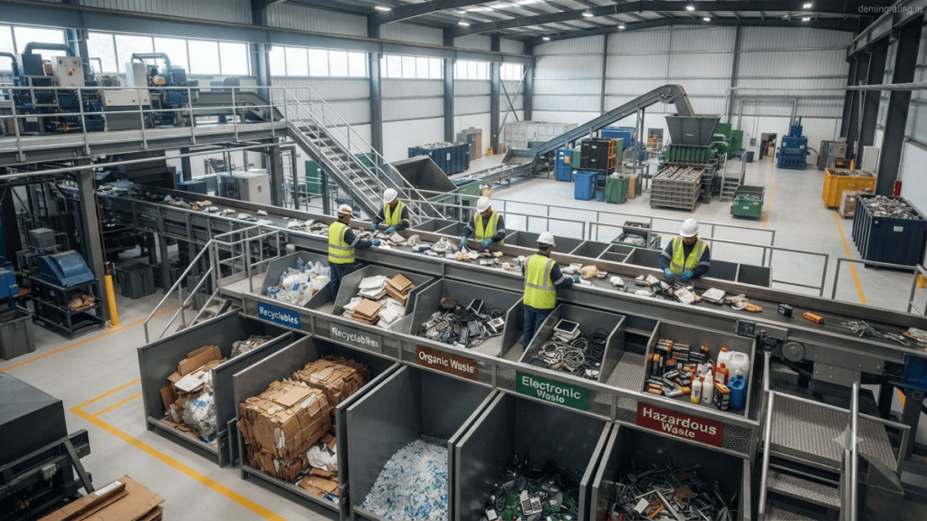Modern waste segregation facility with workers sorting recyclable materials, organic waste, electronic waste, and hazardous waste for sustainable waste management.
