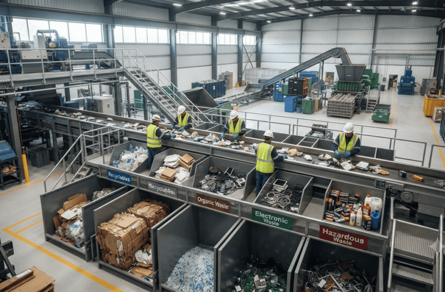 Modern waste segregation facility with workers sorting recyclable materials, organic waste, electronic waste, and hazardous waste for sustainable waste management.