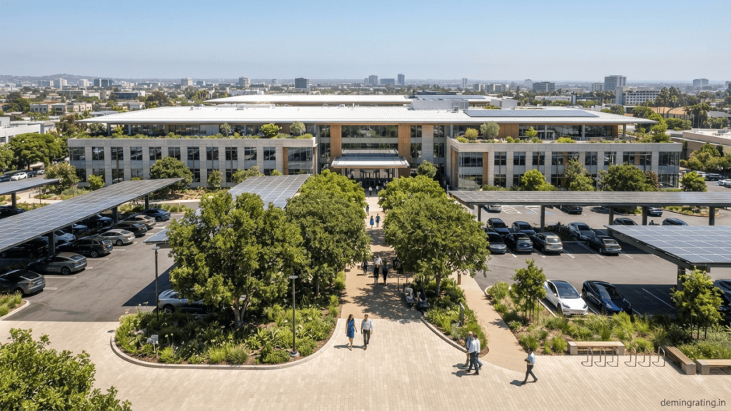 Sustainable commercial and industrial buildings featuring reflective roofs, green roofs, shaded parking, solar canopies, trees, and cool paving to reduce the heat island effect.