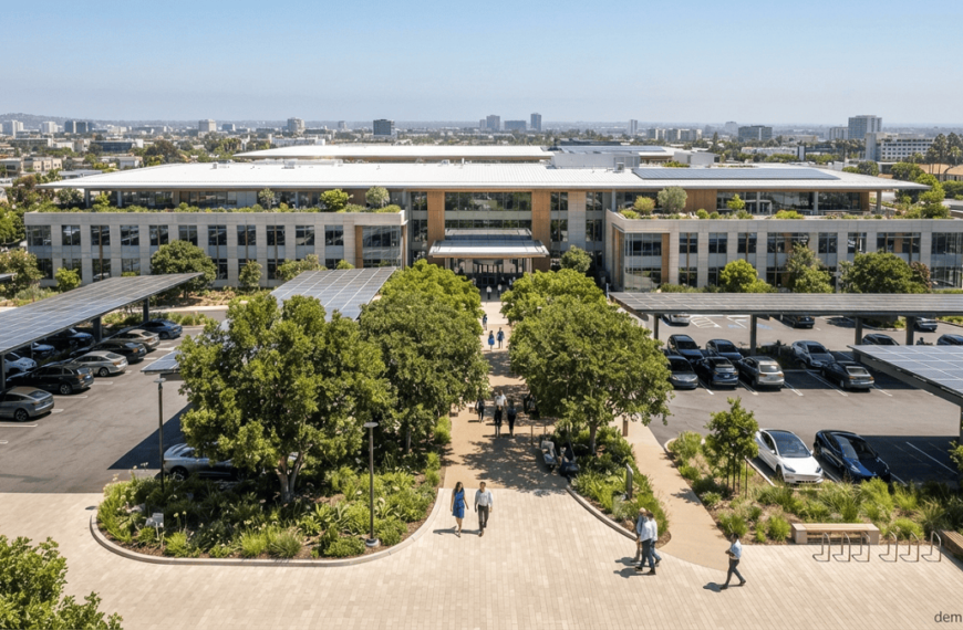 Sustainable commercial and industrial buildings featuring reflective roofs, green roofs, shaded parking, solar canopies, trees, and cool paving to reduce the heat island effect.