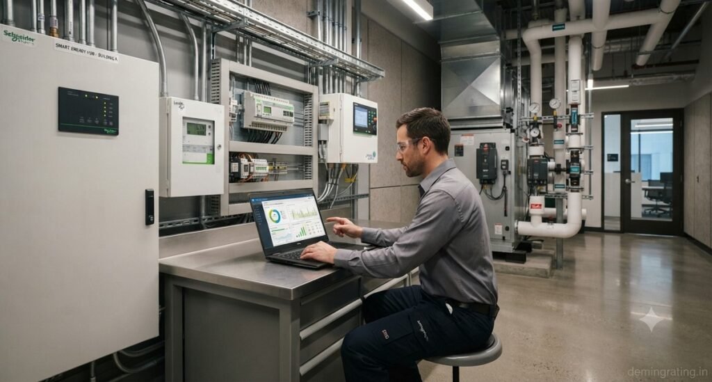 Engineer monitoring an Energy Management System in a modern commercial building.