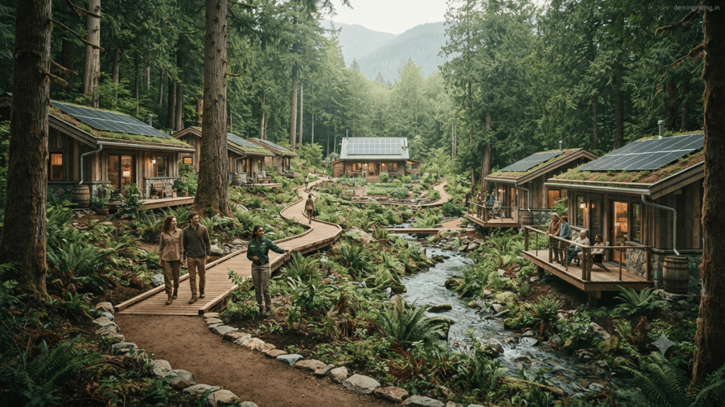 Eco-tour destination with sustainable cottages, solar panels, and nature-friendly infrastructure surrounded by a green forest landscape.