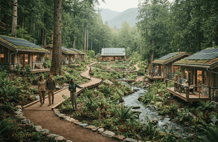 Eco-tour destination with sustainable cottages, solar panels, and nature-friendly infrastructure surrounded by a green forest landscape.