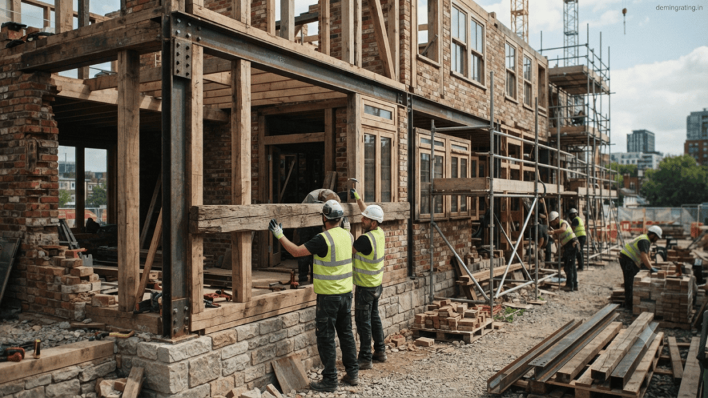 Photorealistic sustainable construction site featuring reclaimed wooden beams, reused red bricks, salvaged steel, restored windows, and recycled stone integrated into a modern eco-friendly building.