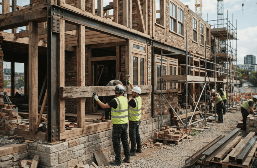 Photorealistic sustainable construction site featuring reclaimed wooden beams, reused red bricks, salvaged steel, restored windows, and recycled stone integrated into a modern eco-friendly building.