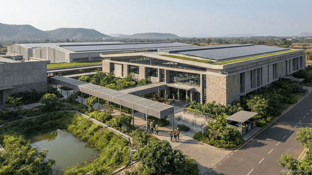 Modern sustainable factory with solar panels, rainwater harvesting, green landscaping, and energy-efficient infrastructure.