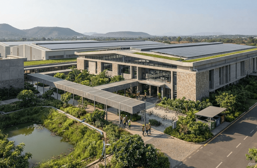Modern sustainable factory with solar panels, rainwater harvesting, green landscaping, and energy-efficient infrastructure.