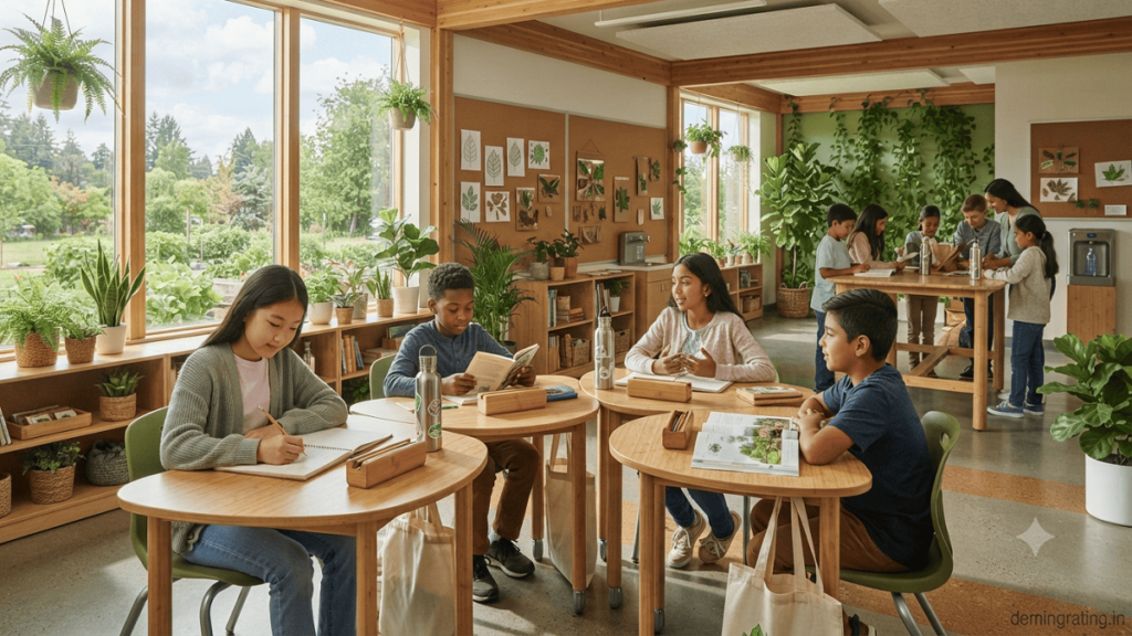 Students learning in an eco-friendly classroom with bamboo furniture, recycled notebooks, reusable school supplies, and natural green elements.