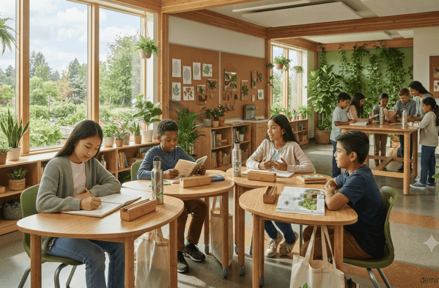 Students learning in an eco-friendly classroom with bamboo furniture, recycled notebooks, reusable school supplies, and natural green elements.