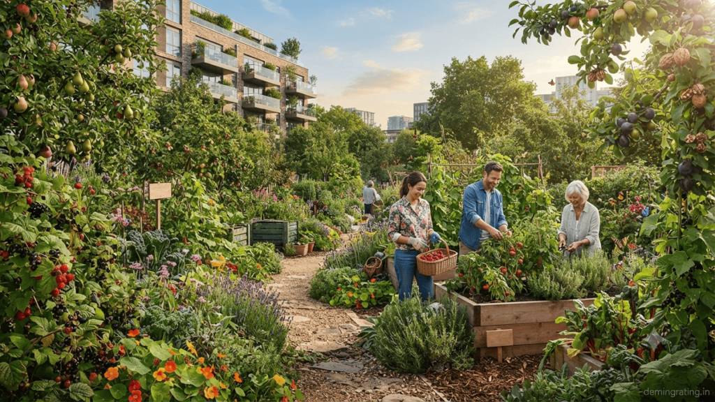 Diverse urban food forest with fruit trees, shrubs, herbs, and community pathways