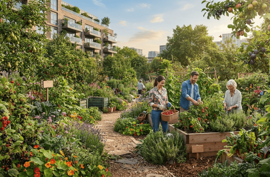 Diverse urban food forest with fruit trees, shrubs, herbs, and community pathways