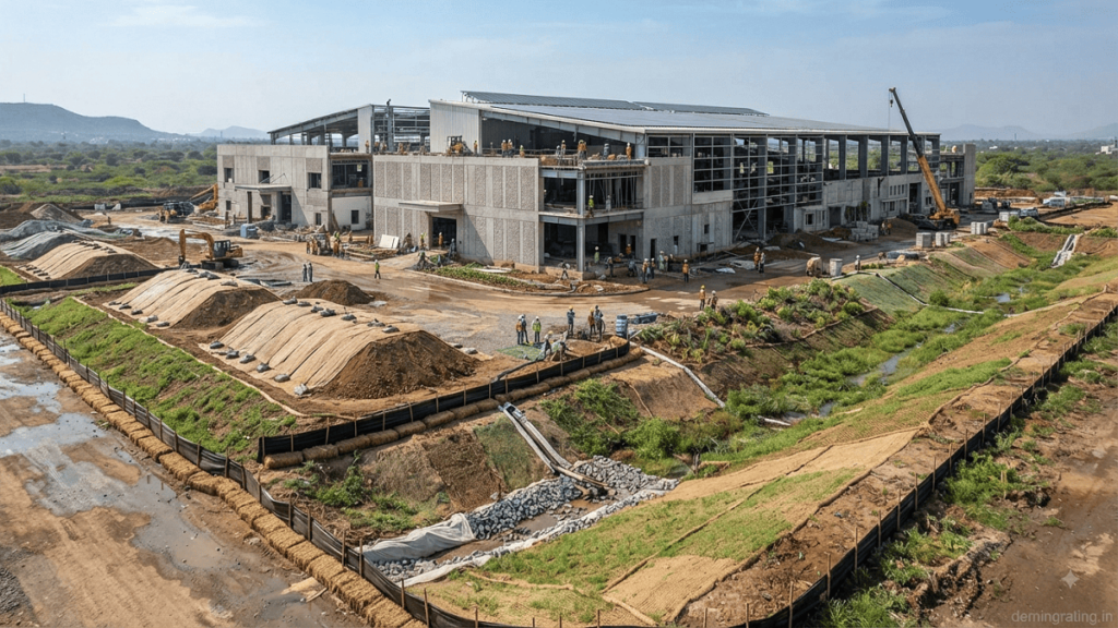 Industrial construction site using silt fences, protected topsoil, drainage channels, and vegetation to prevent soil erosion.
