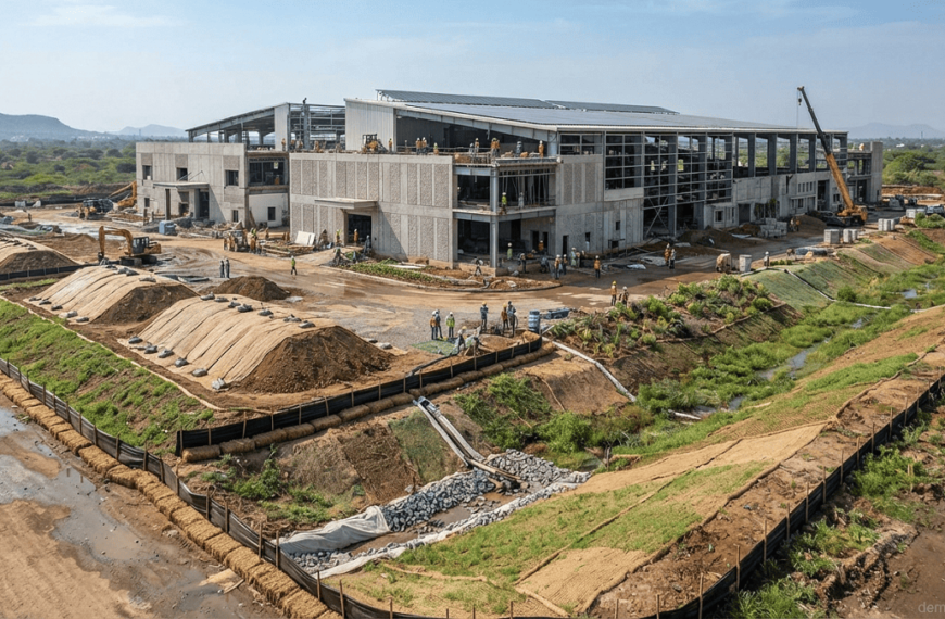 Industrial construction site using silt fences, protected topsoil, drainage channels, and vegetation to prevent soil erosion.