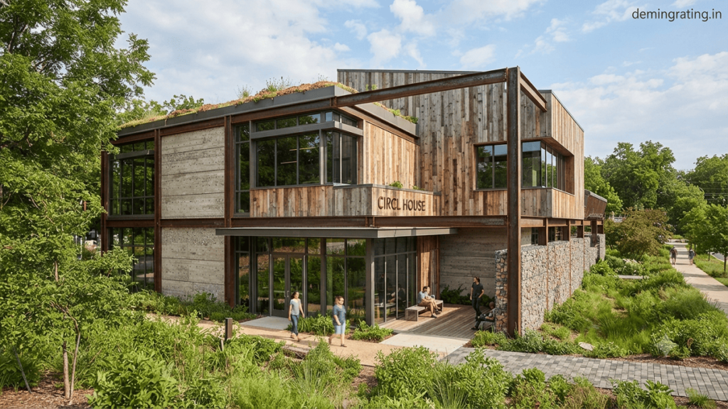 Modern sustainable building using recycled content materials such as recycled steel, reclaimed wood, and recycled concrete components.
