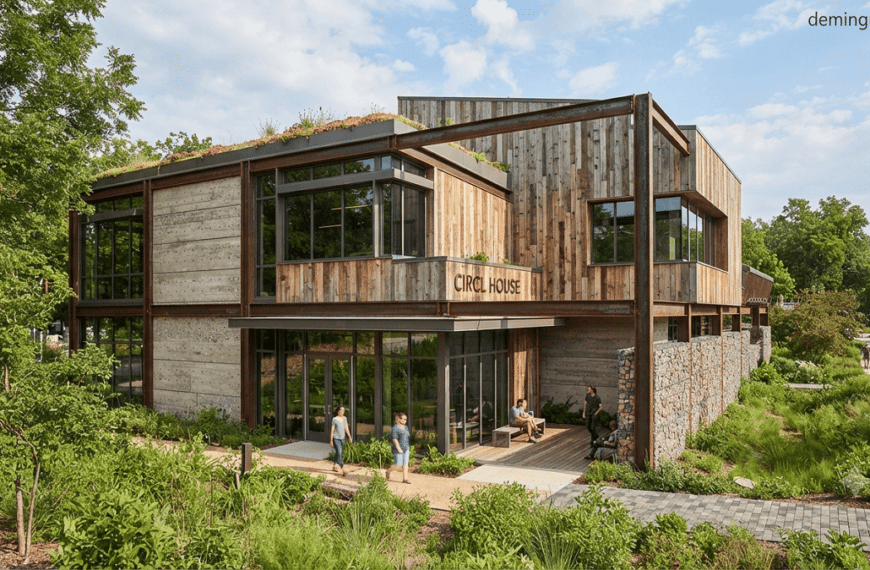 Modern sustainable building using recycled content materials such as recycled steel, reclaimed wood, and recycled concrete components.