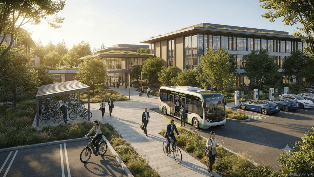 Employees using bicycles, electric vehicles, and an electric shuttle bus for sustainable workplace commuting.