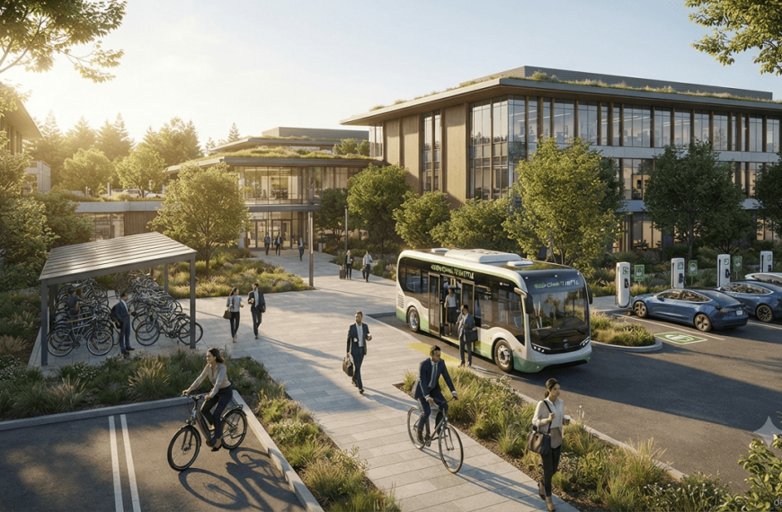 Employees using bicycles, electric vehicles, and an electric shuttle bus for sustainable workplace commuting.