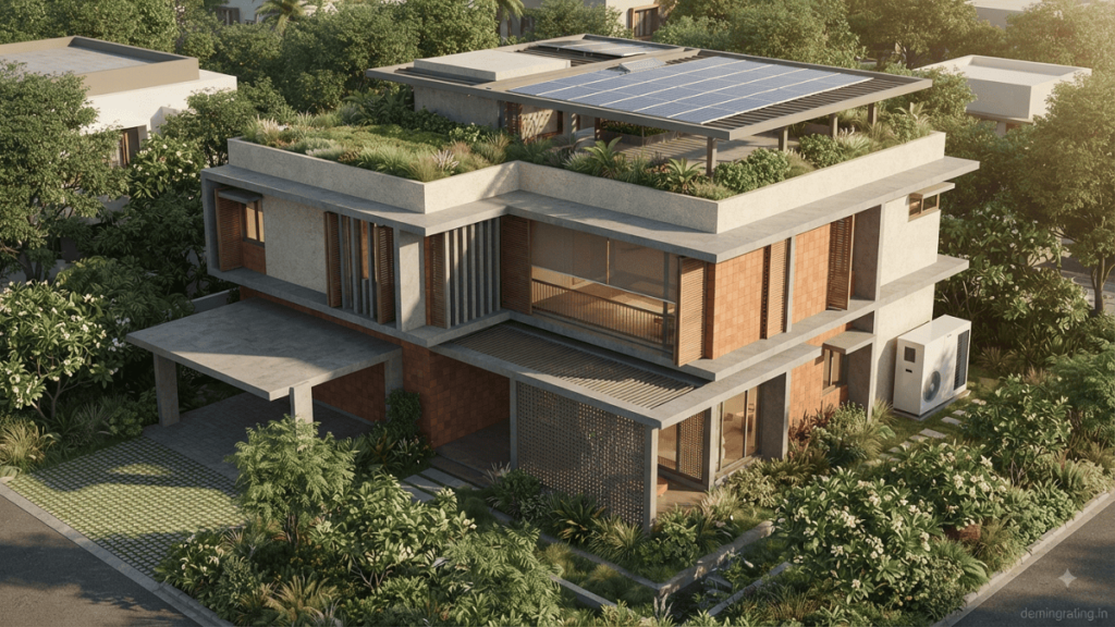 Energy Efficiency. Sustainable Indian home with passive cooling, external shading, natural ventilation, solar panels, and landscaped surroundings.